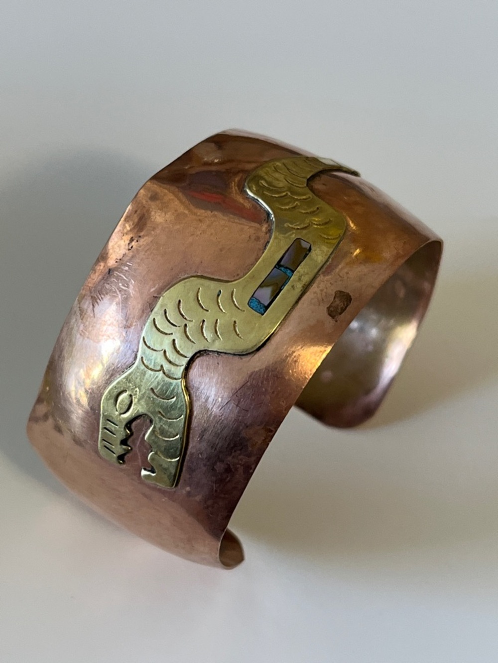 213 Vintage Copper Snake Cuff Bracelet Abalone Shell Inlay Boho Southwestern